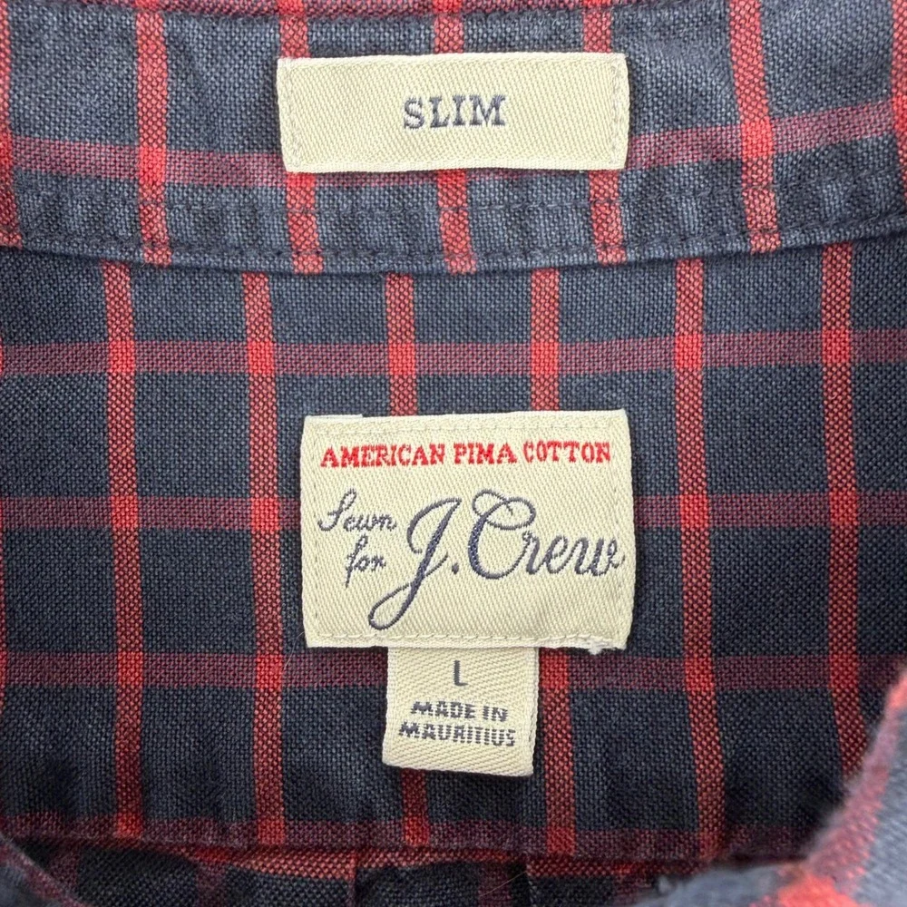 J Crew Mens Slim Fit Red Blue Plaid Button Down Shirt Large American Pima Cotton